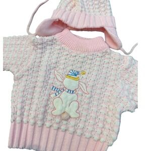 Vintage Tiny Tots Original Pink White Bunny Popcorn Knit‎ Sweater Pants Hat Set